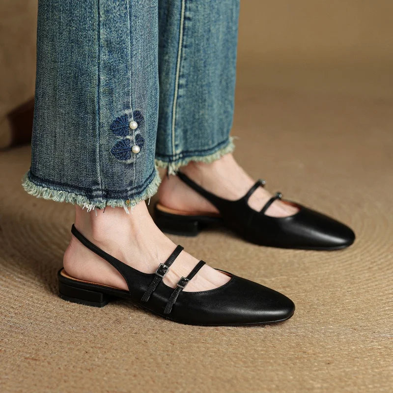 Genuine Leather Double Strap Slingback Ballet Flats