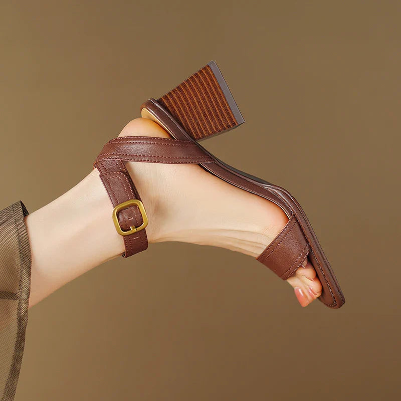 Square-Toe Leather Block Heel Sandals