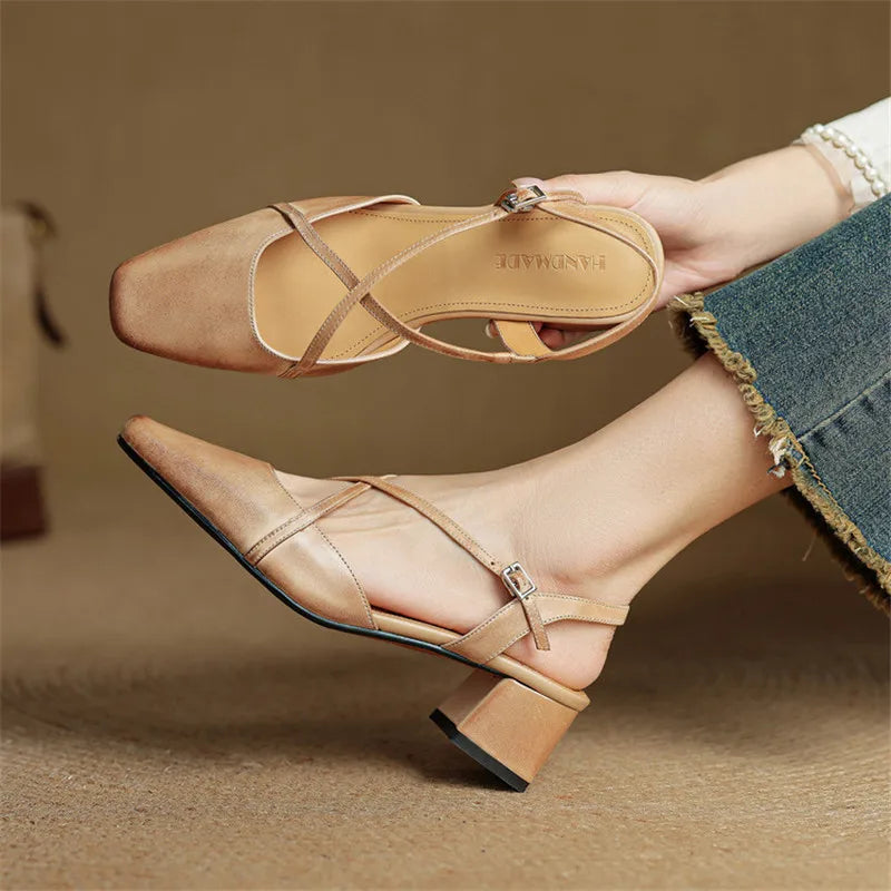 Genuine Leather Closed-Toe Block Heel Pumps