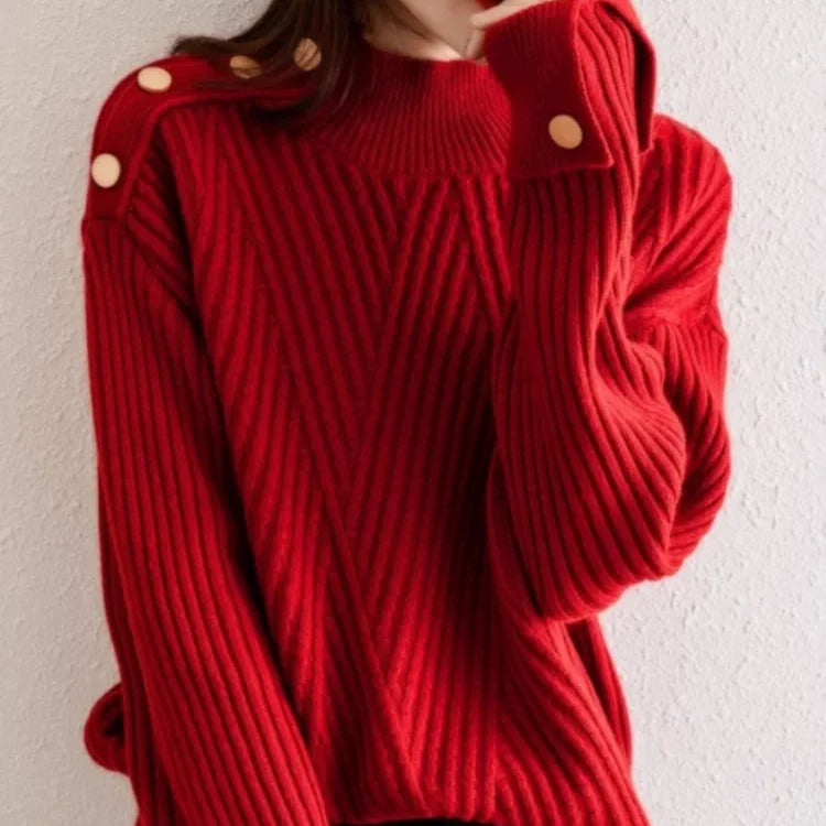Oversized Ribbed High-Neck Button Sweater