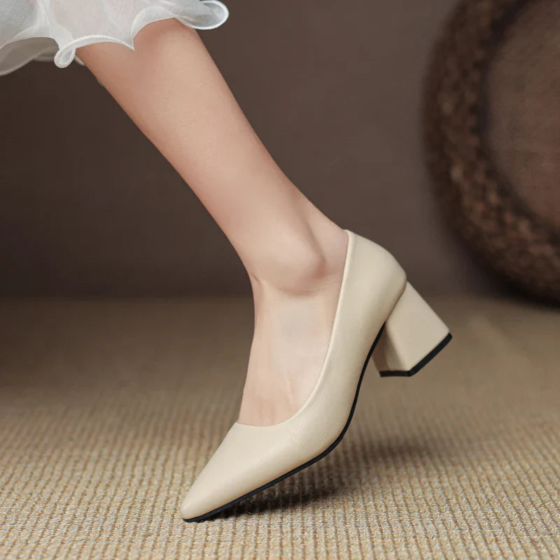 Minimal Block Heel Closed-Toe Leather Pumps