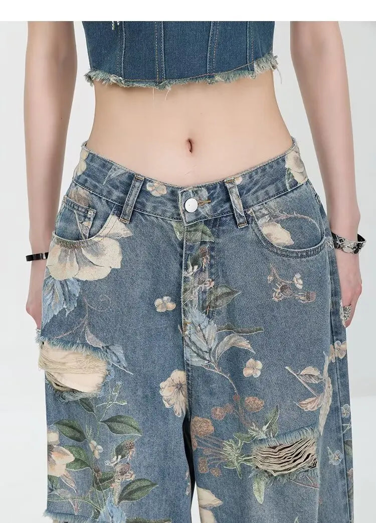 Floral Distressed Wide-Leg Denim Jeans