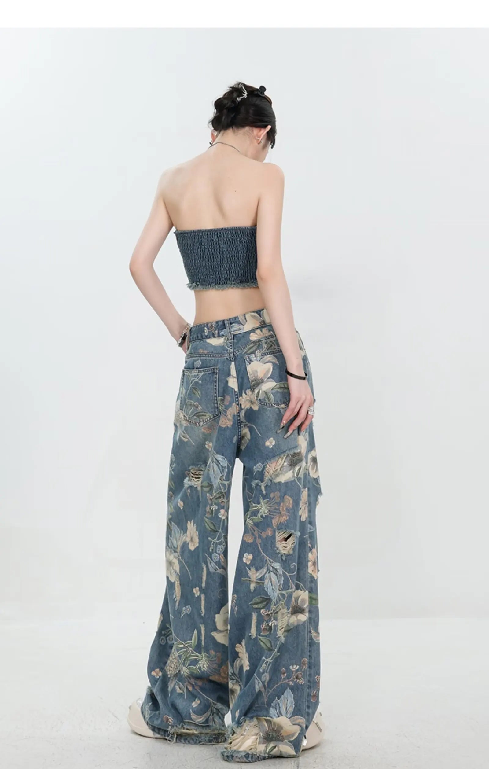 Floral Distressed Wide-Leg Denim Jeans