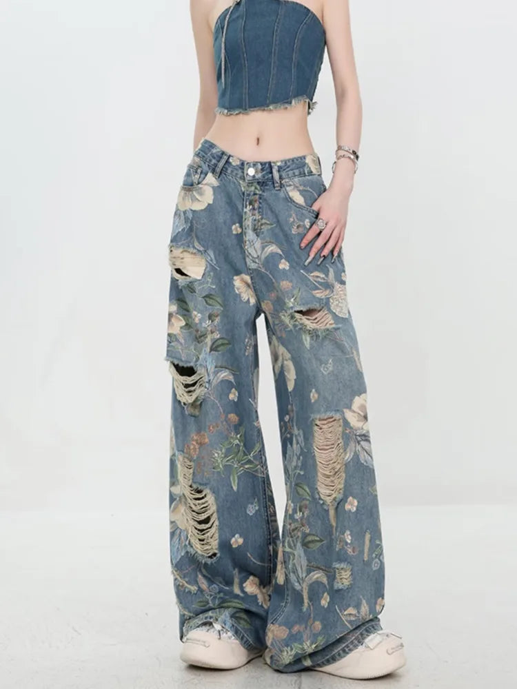 Floral Distressed Wide-Leg Denim Jeans
