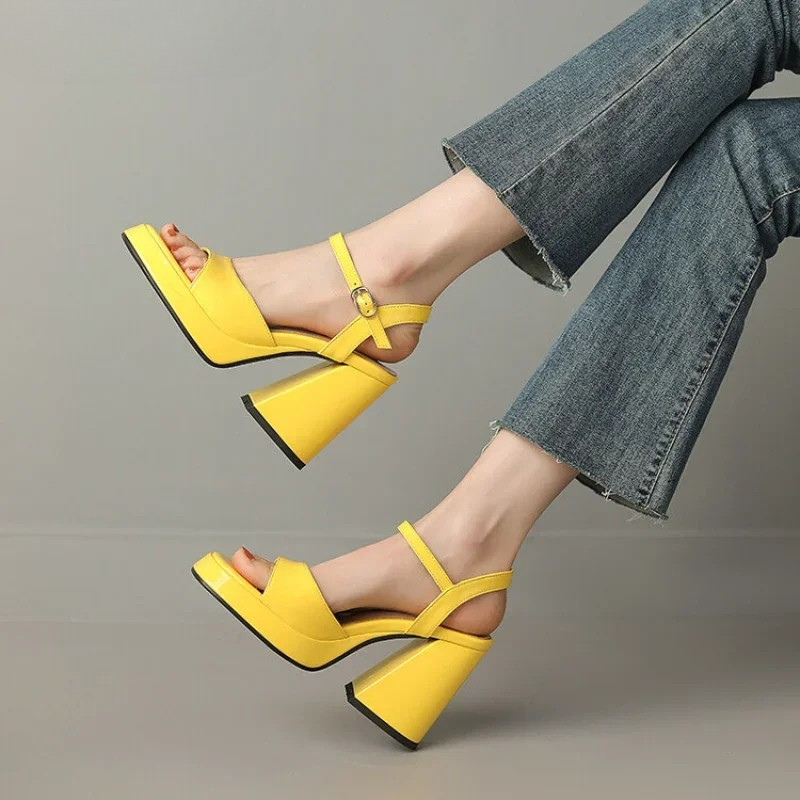 Glossy Patent Block Heel Sandals with Ankle Strap