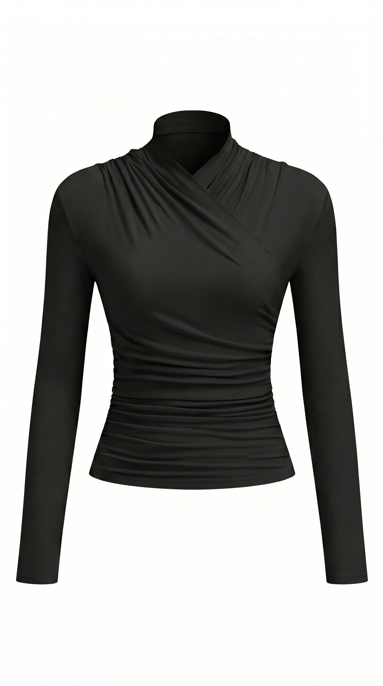 Draped Collar Pleated Waist T-Shirt