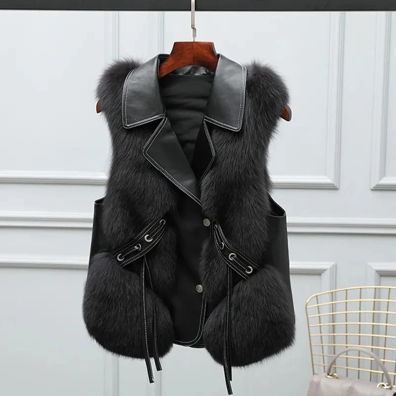 Oversized Faux Fur Trim Leather Detail Vest