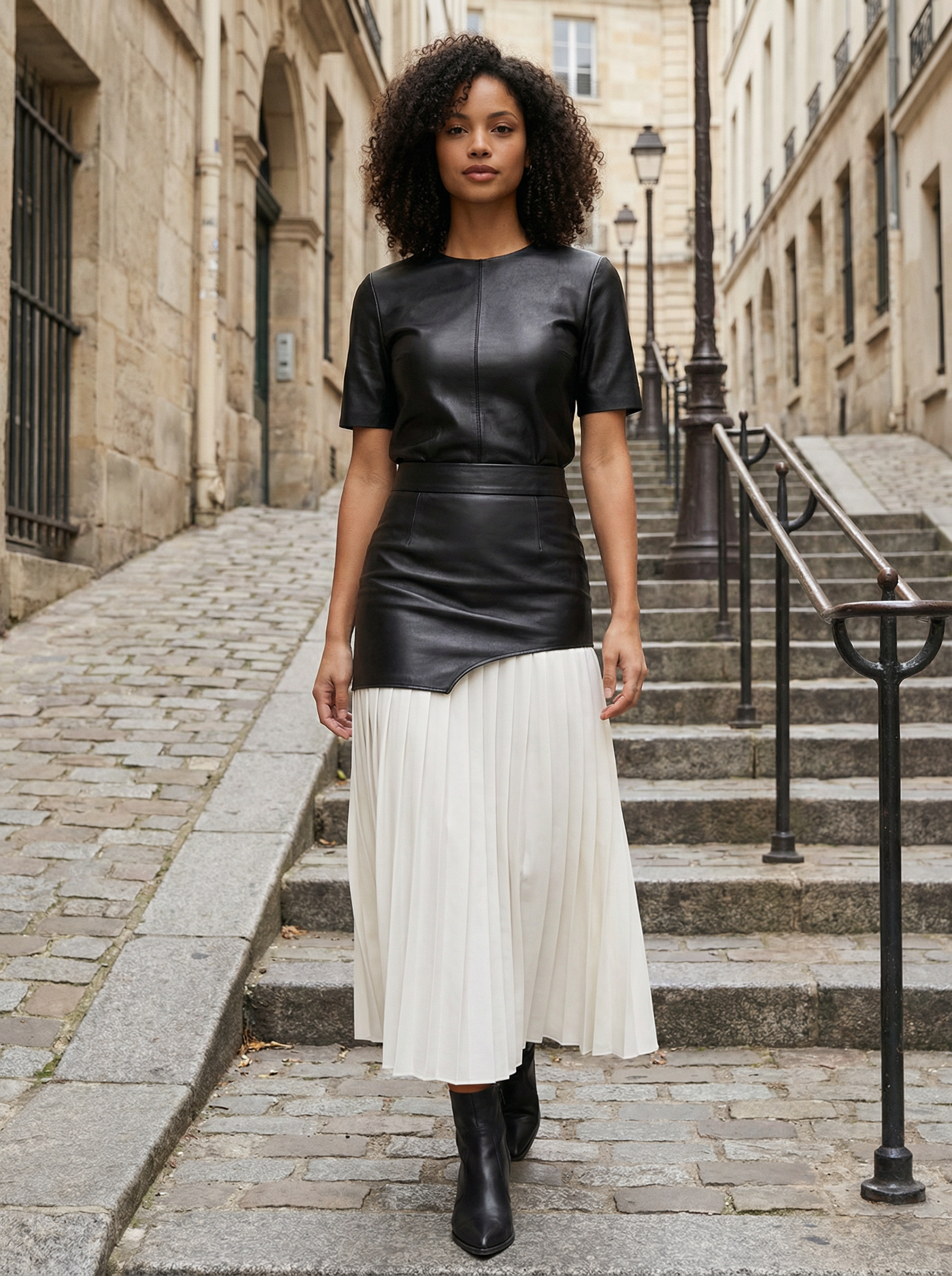 Asymmetric Faux Leather Chiffon Pleated Maxi Skirt