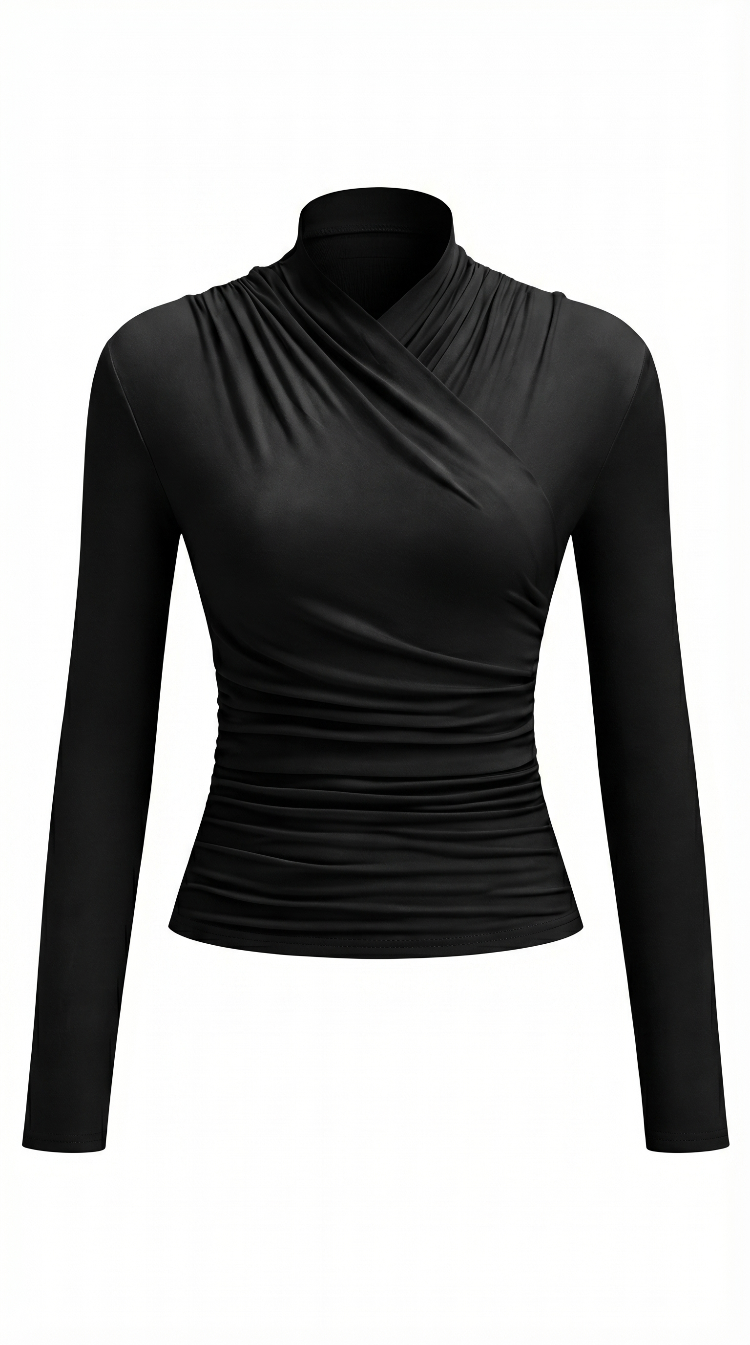 Draped Collar Pleated Waist T-Shirt