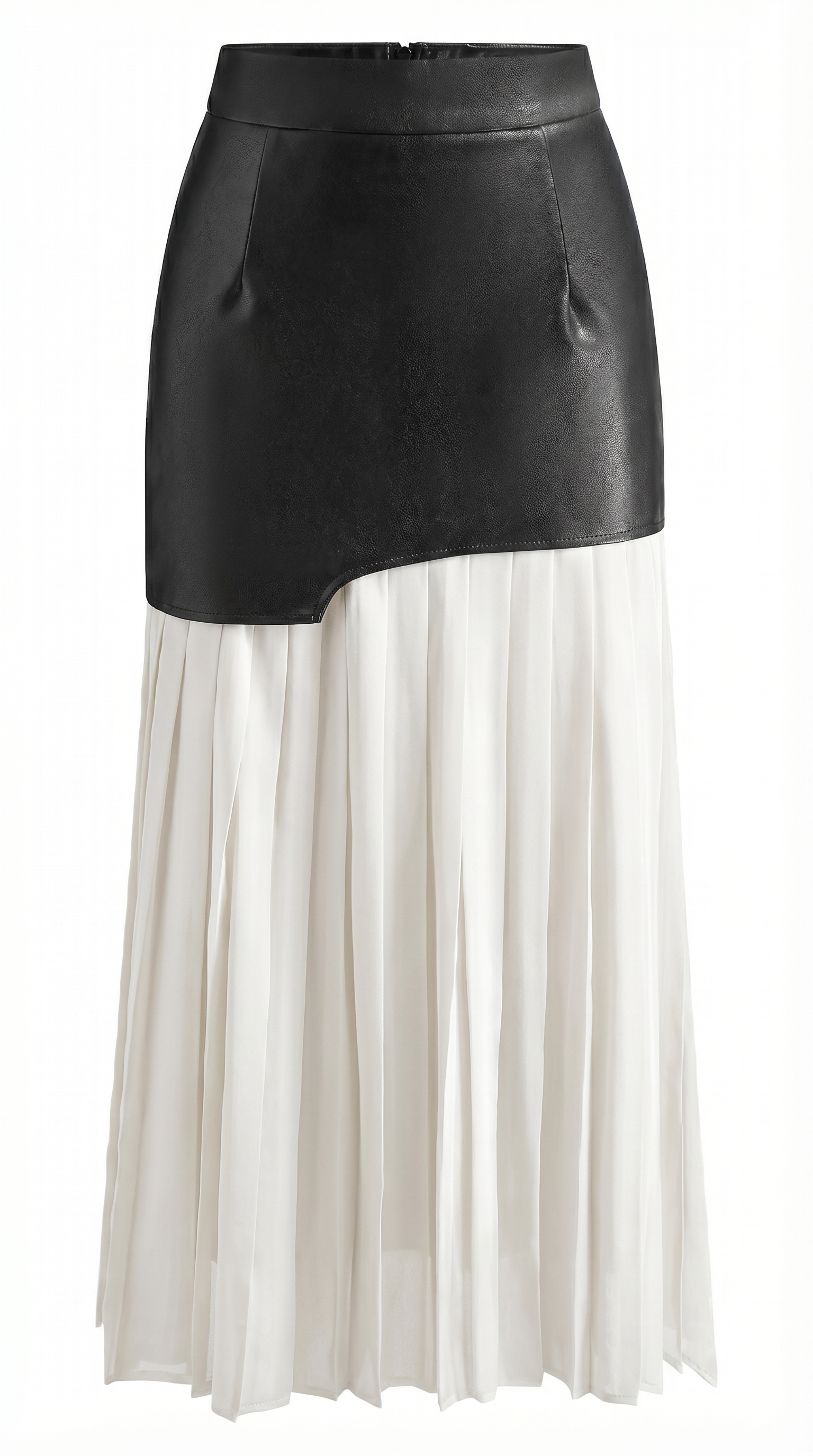 Asymmetric Faux Leather Chiffon Pleated Maxi Skirt