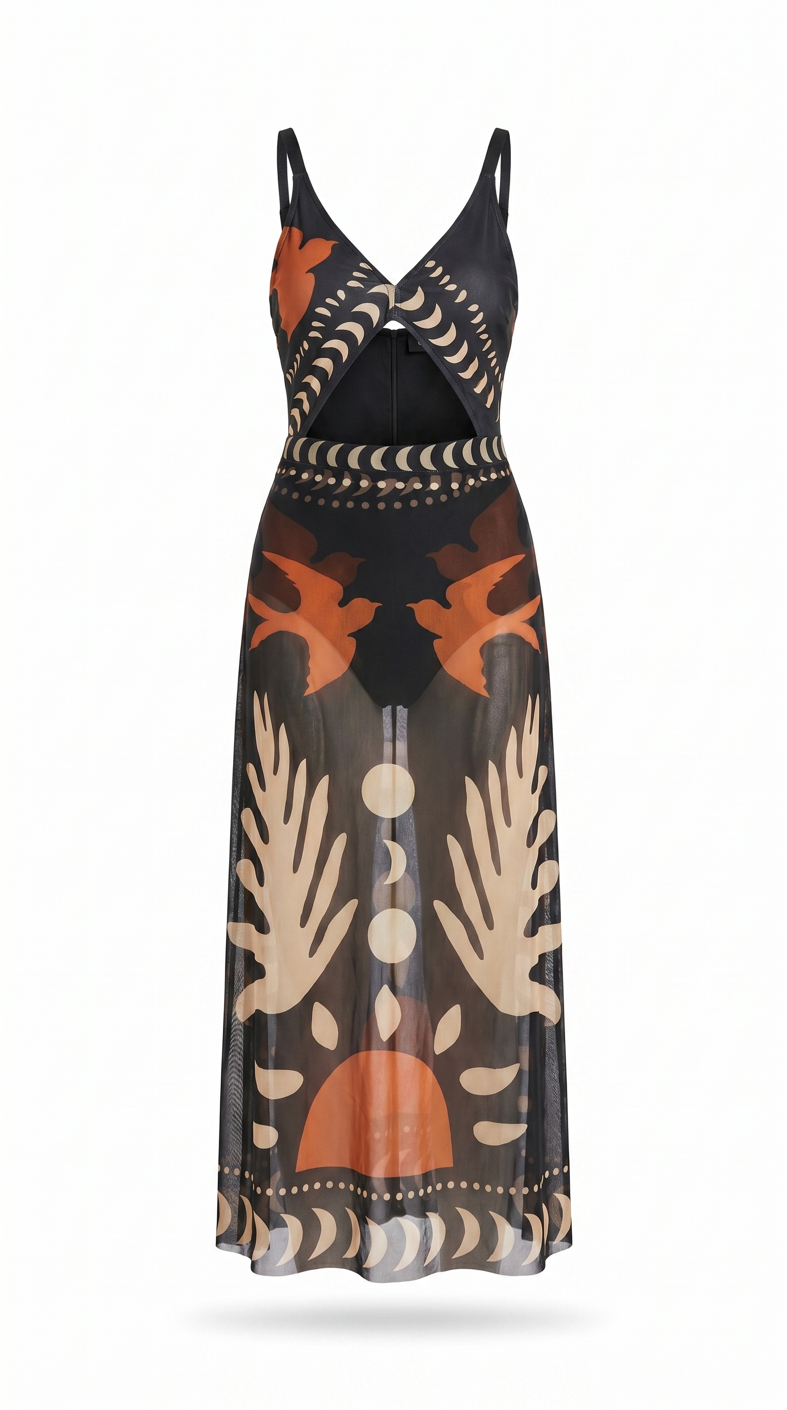 Tropical Bird Print Sheer Mesh Maxi Skirt