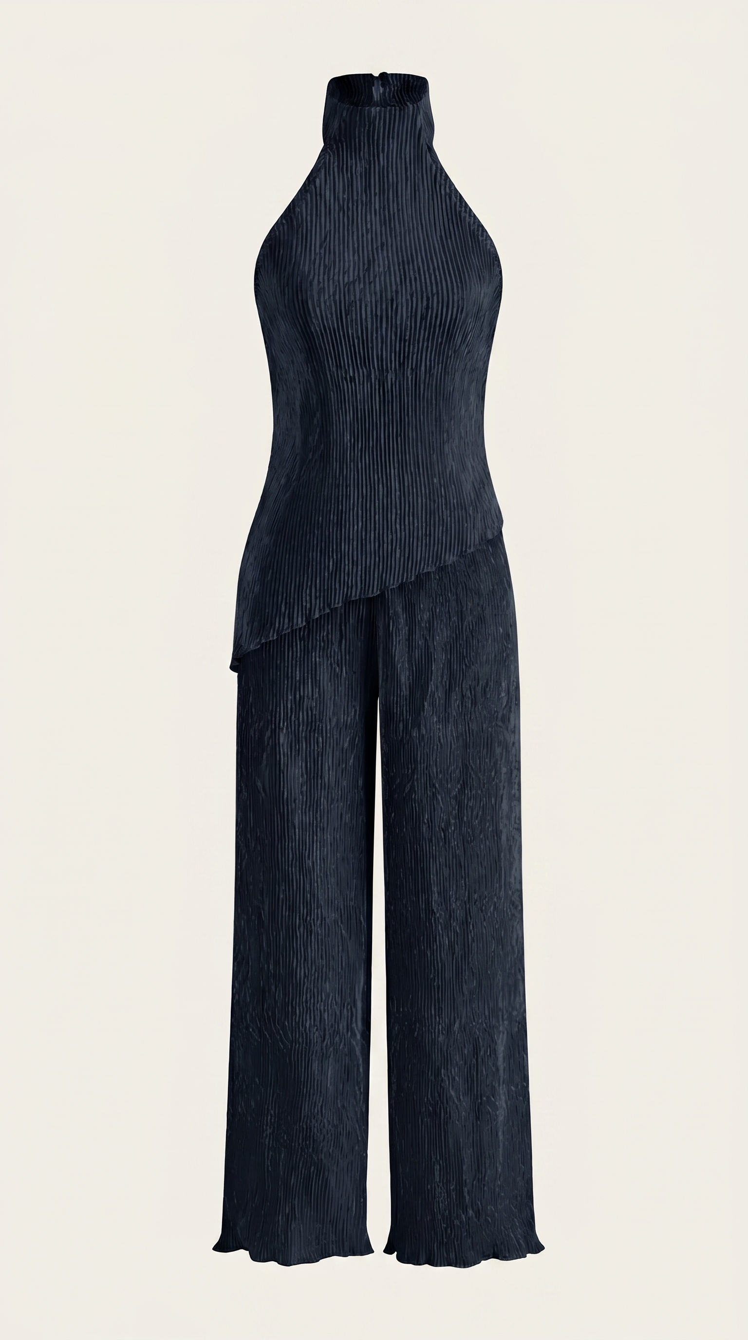 Satin Asymmetric Halter Top & Wide-Leg Pants Co-Ord Set