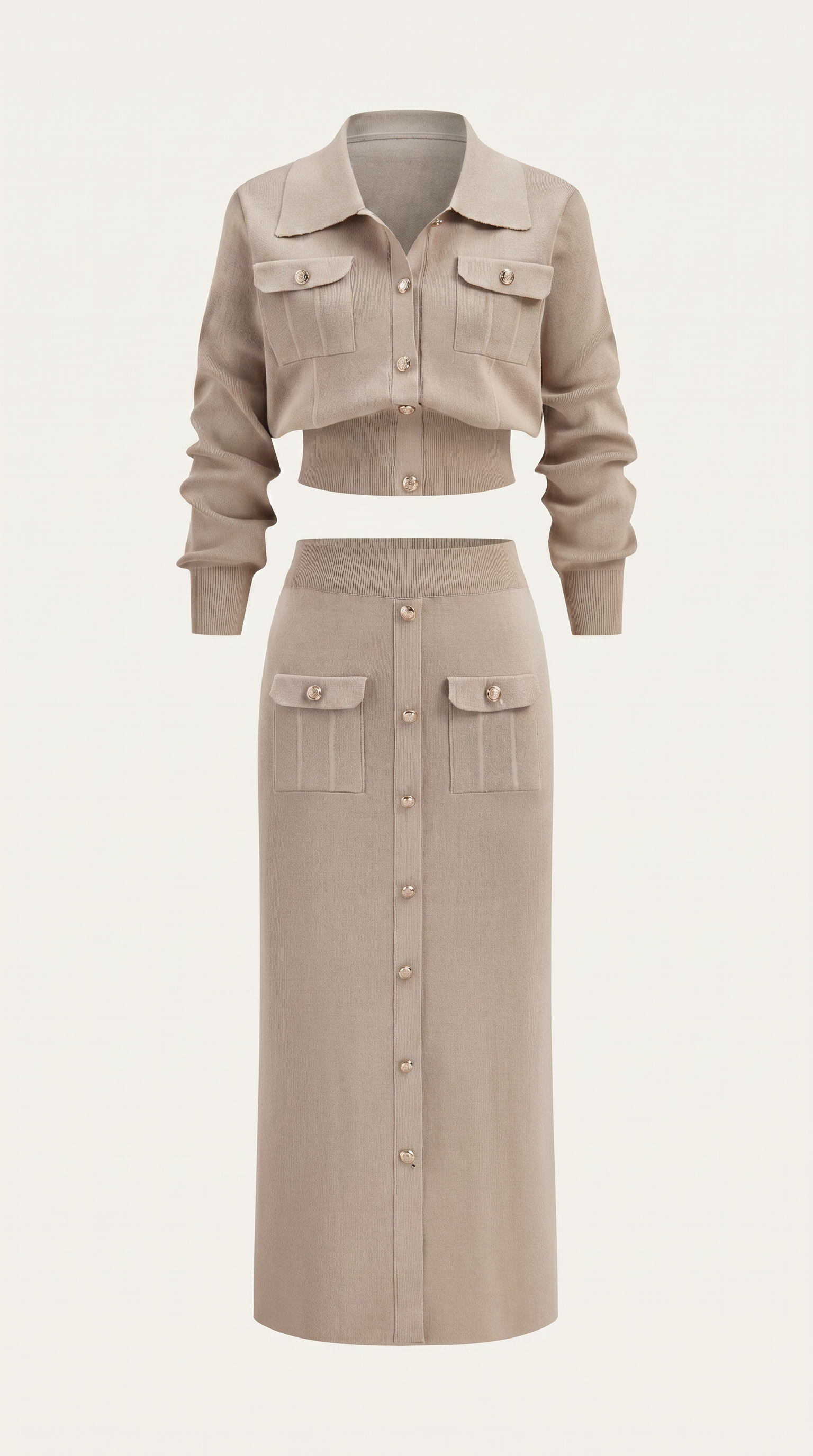 Metal Button Knit Cardigan & Midi Skirt Co-Ord Set