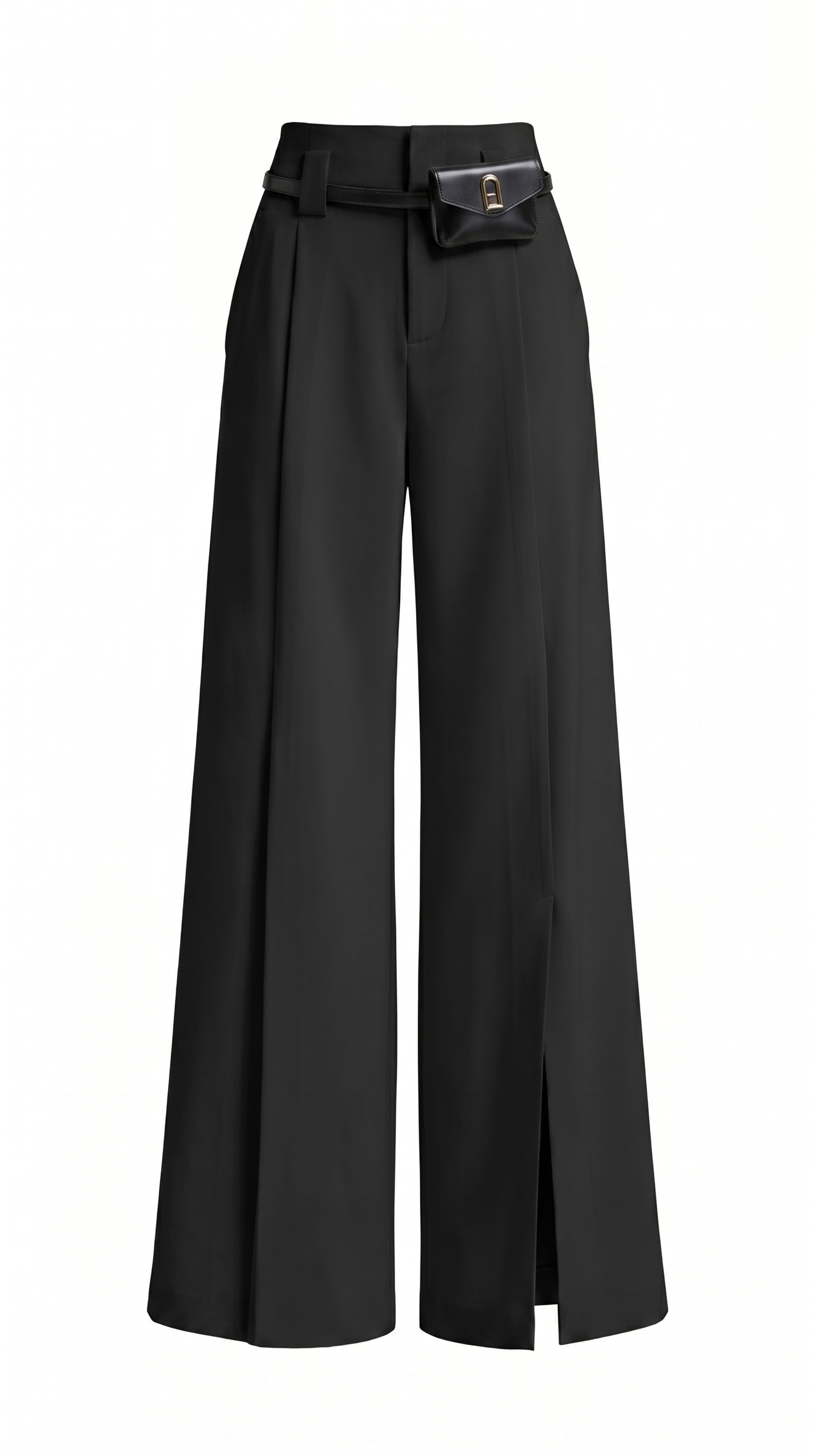 Pleated High-Waist Split Front Wide-Leg Trousers