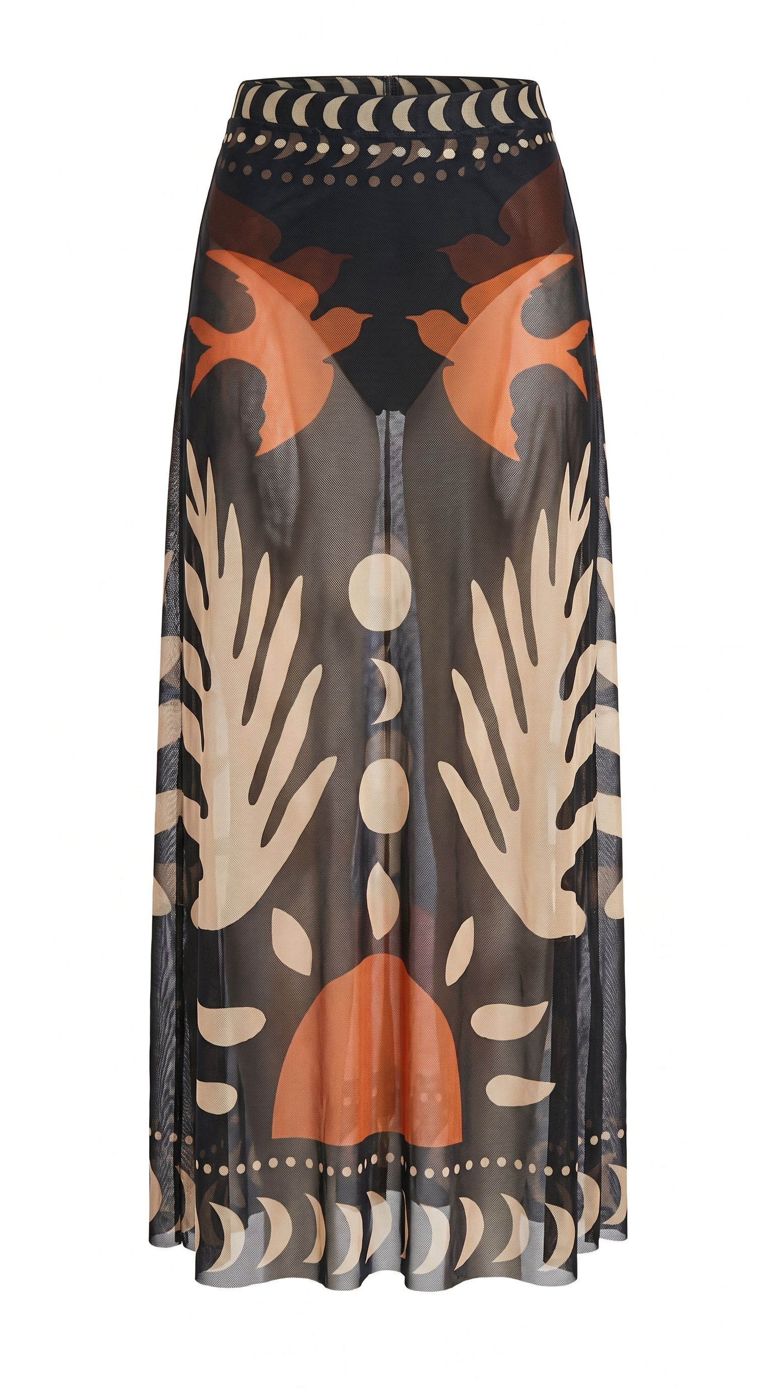 Tropical Bird Print Sheer Mesh Maxi Skirt