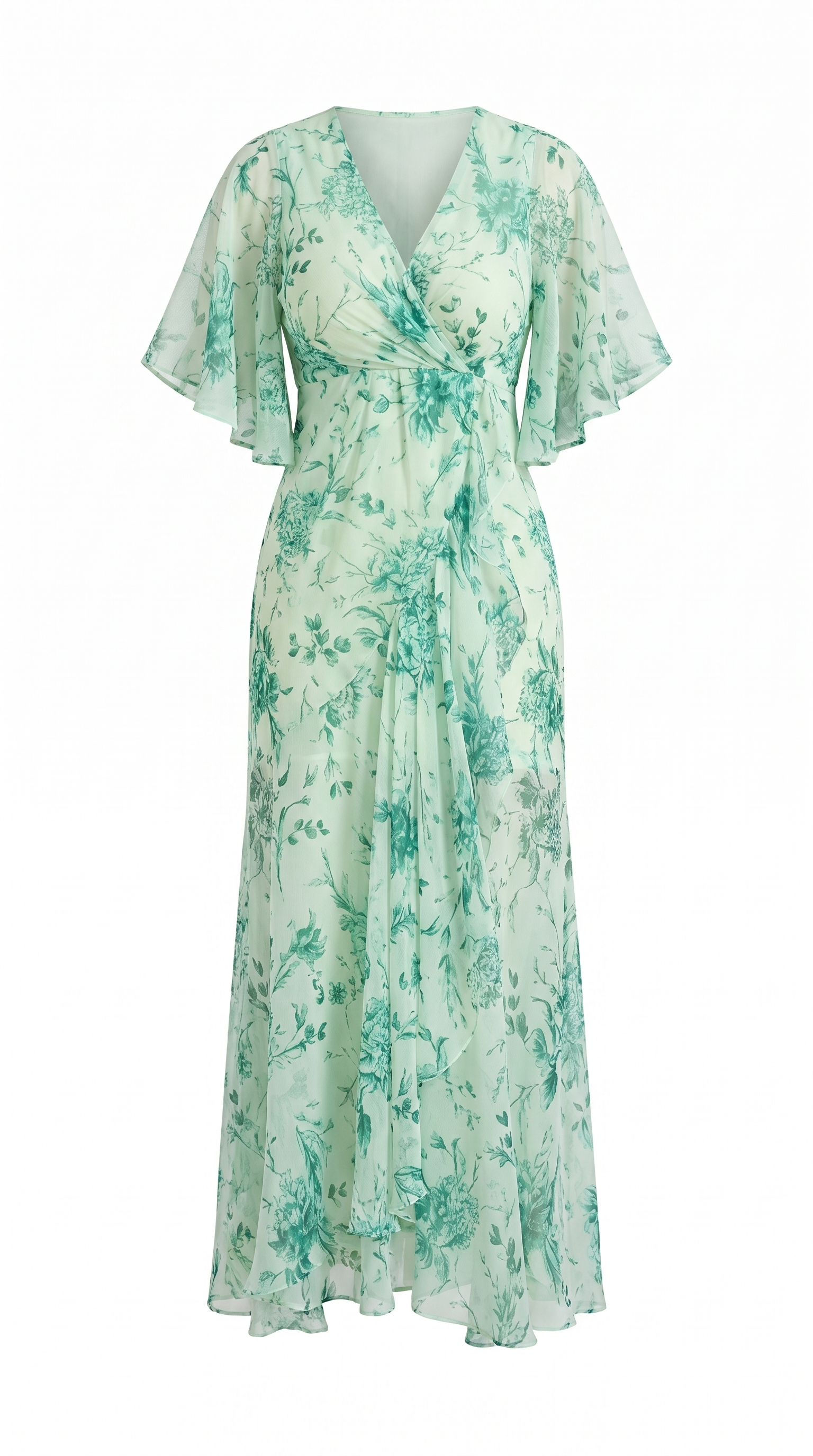 Vintage Floral Trumpet Sleeve V-Neck Midi Dress
