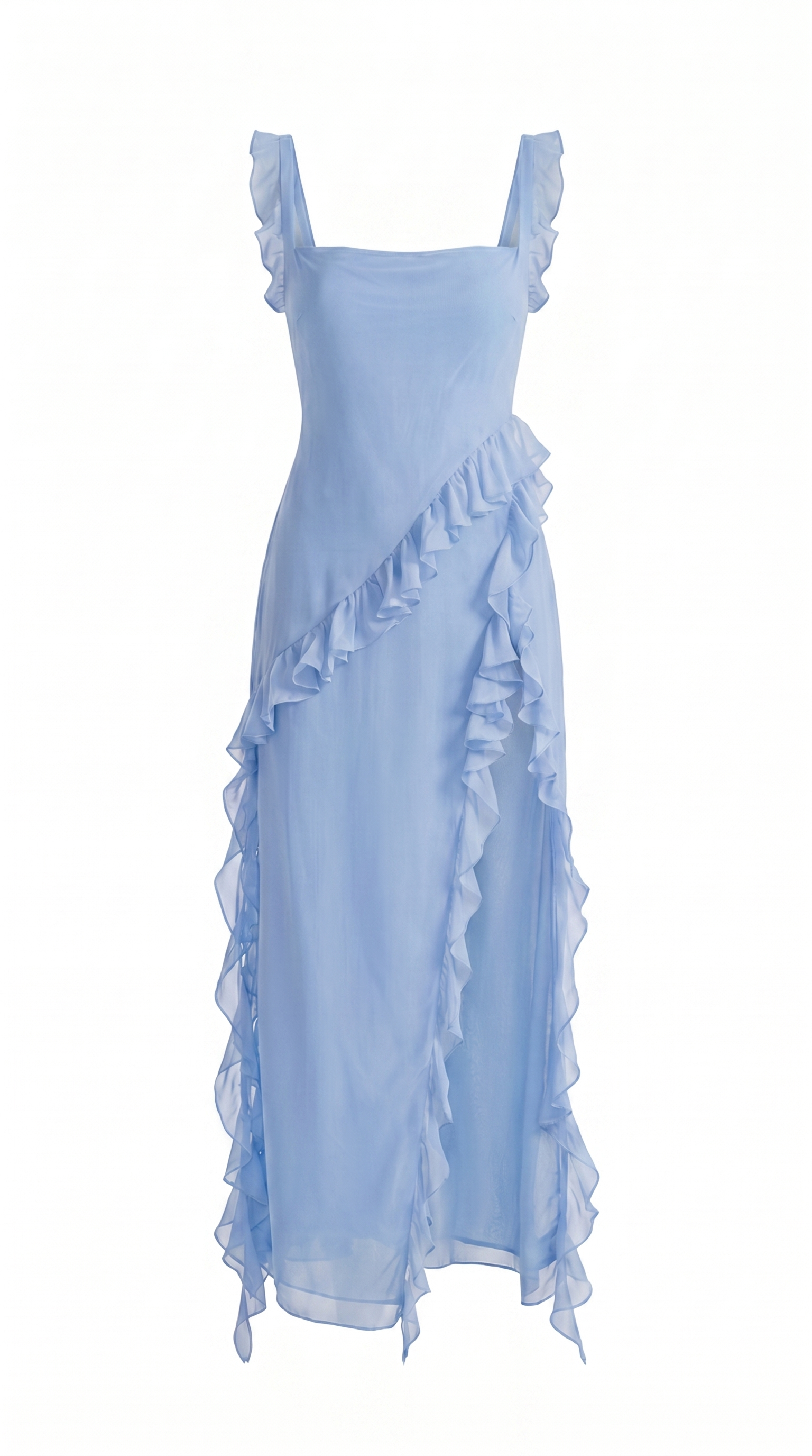 Ruffled Strap Square Neck High Slit Georgette Maxi Dress