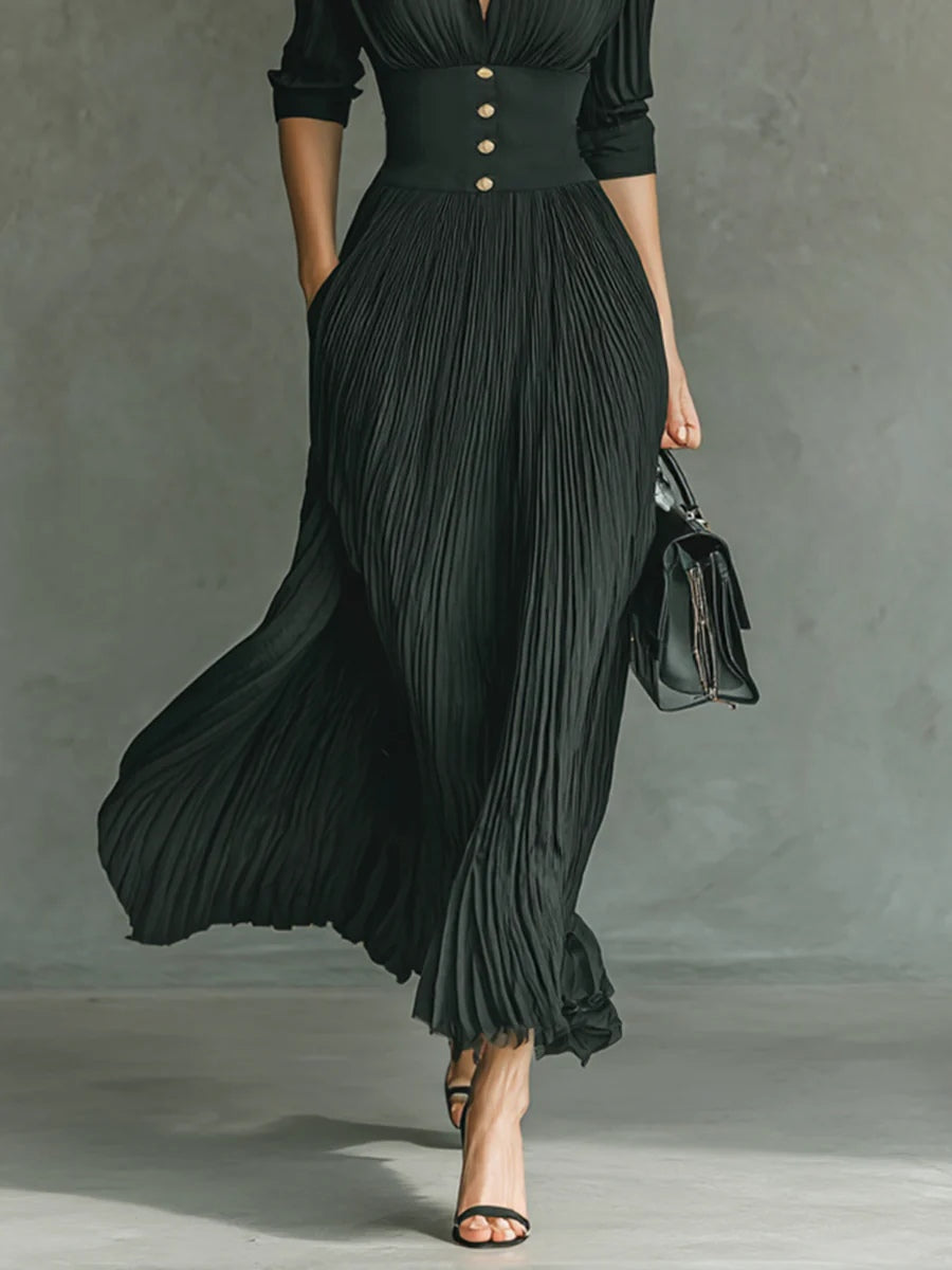 Tailored Pleated Belted Maxi Shirt Dress
