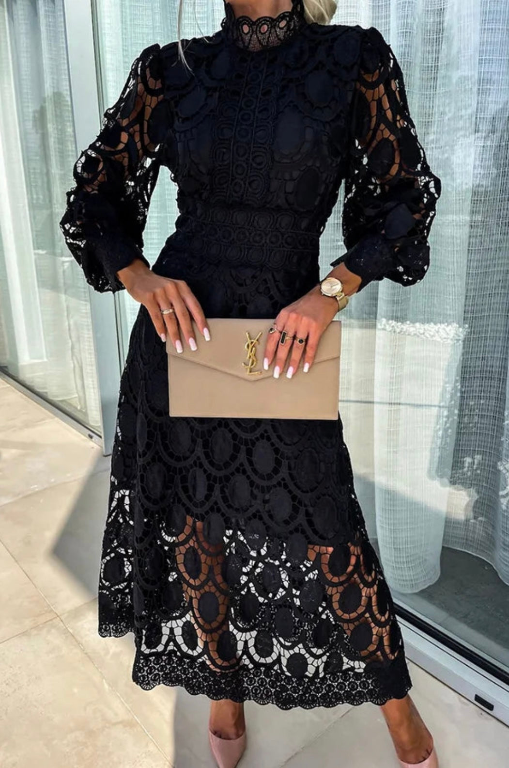 Elegant Lace Detail Midi Occasion Dress