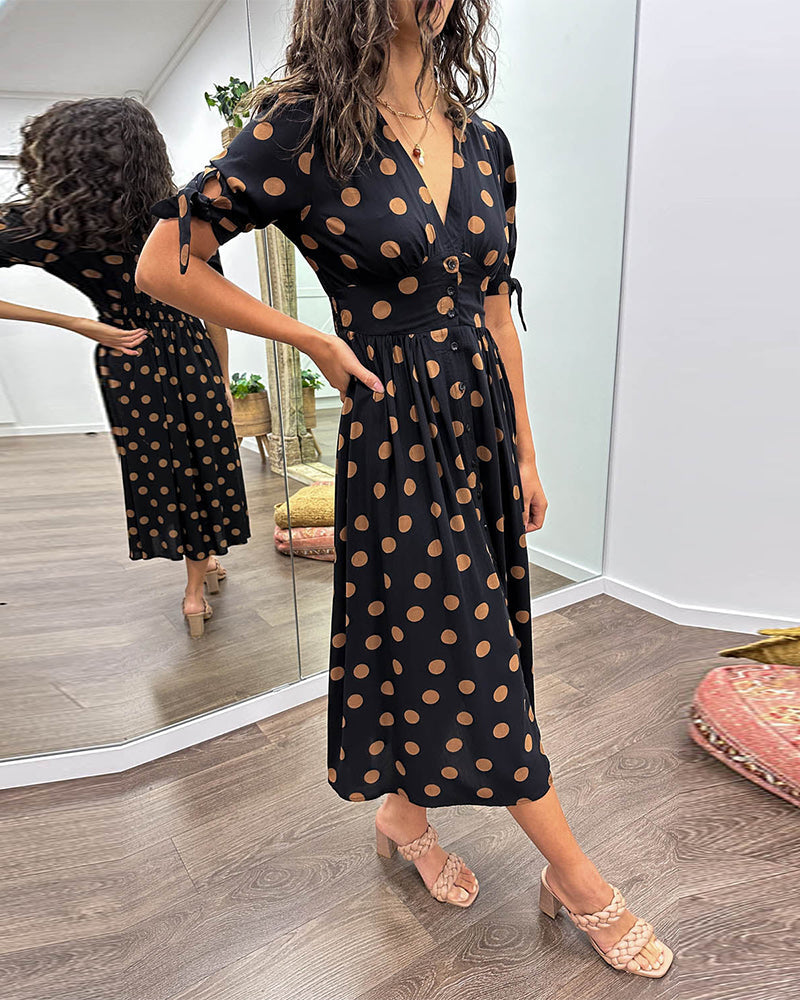 Polka Dot V-Neck Button-Front Dress