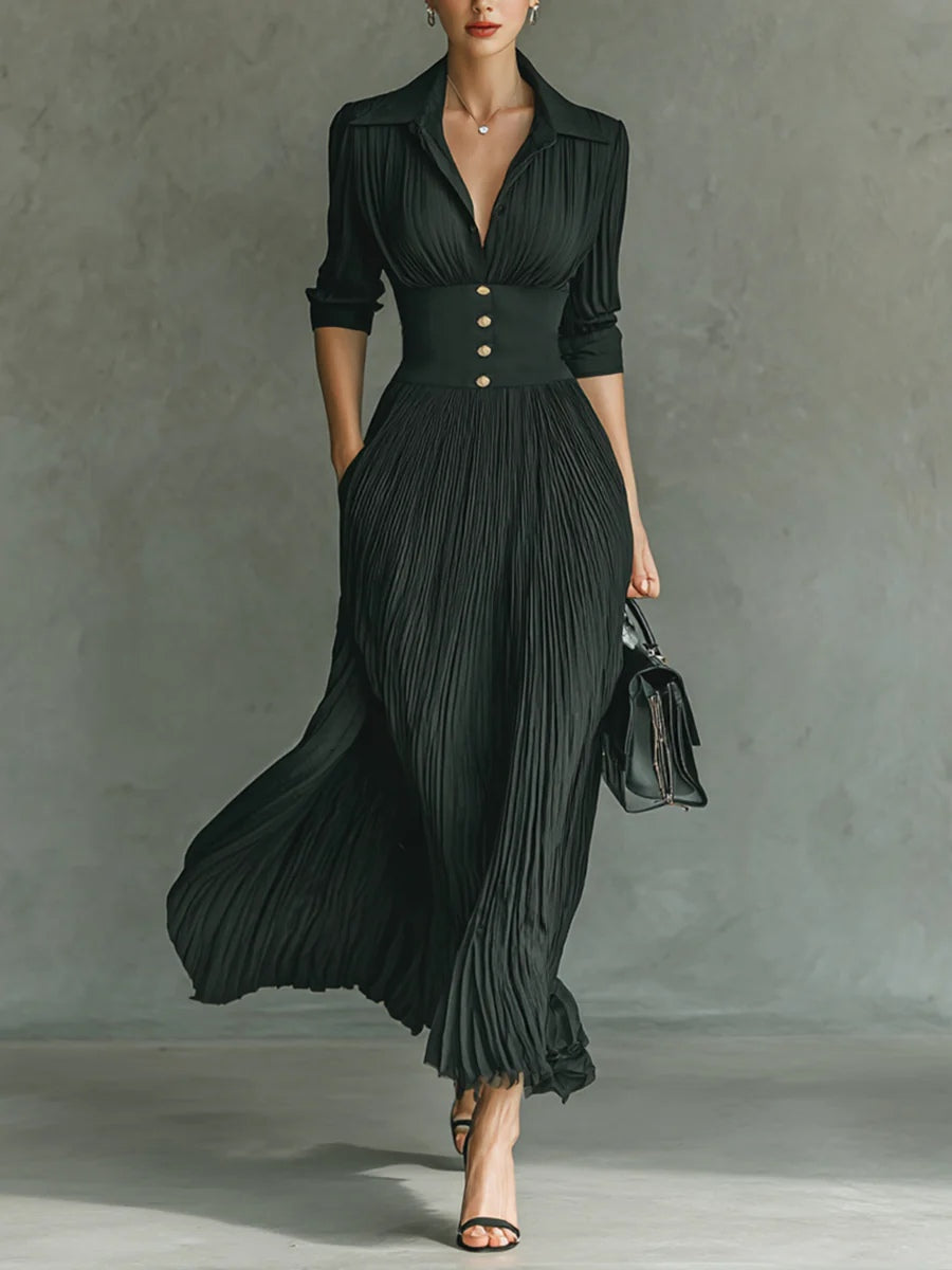 Tailored Pleated Belted Maxi Shirt Dress