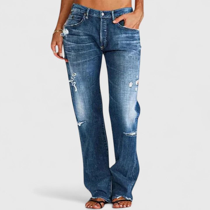 Low-Rise Distressed Straight Leg Denim Jeans