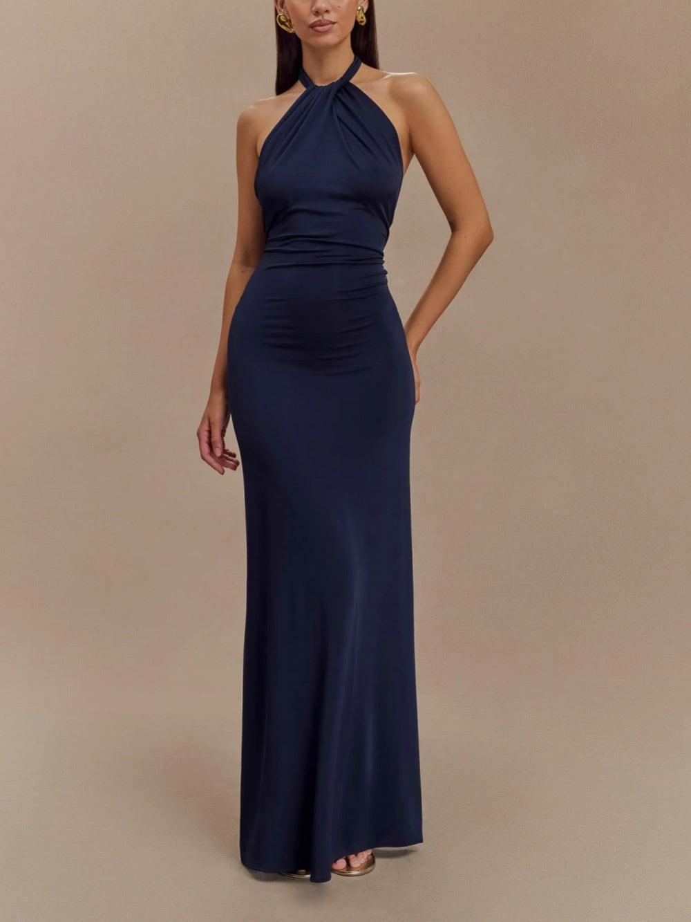 Ruched Open-Back Halter Maxi Dress