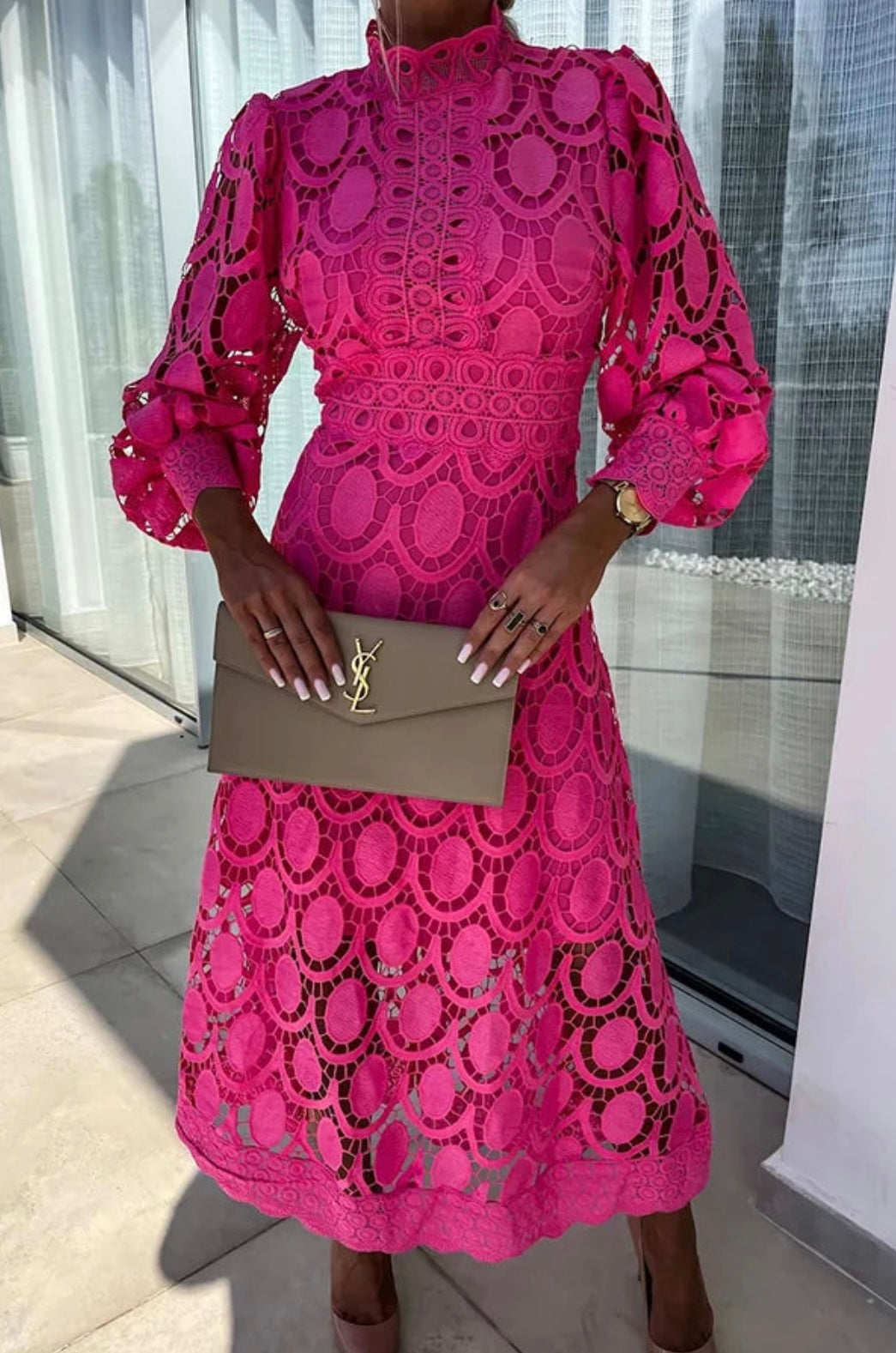 Elegant Lace Detail Midi Occasion Dress