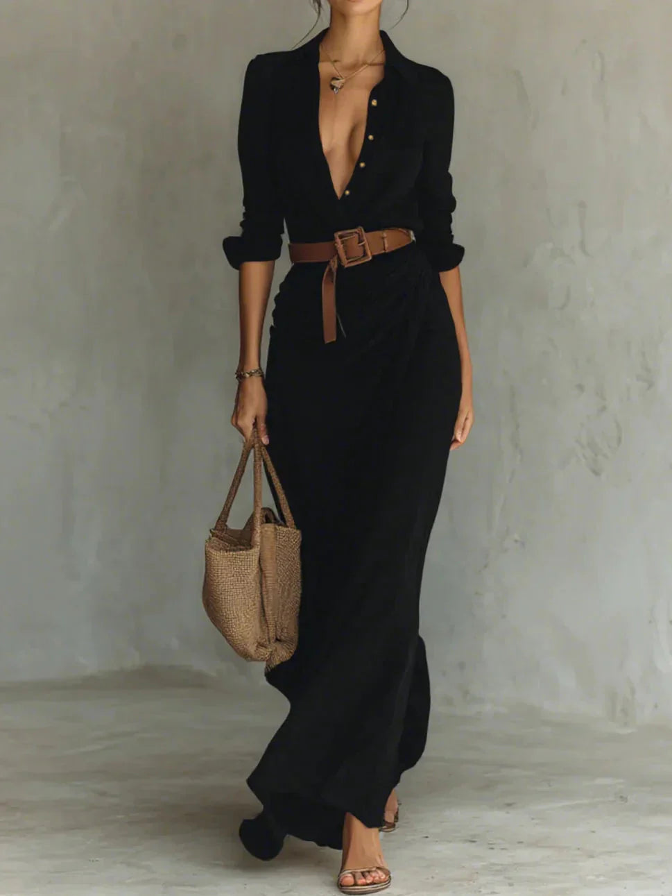Tailored Lapel Belted Maxi Shirt Dress