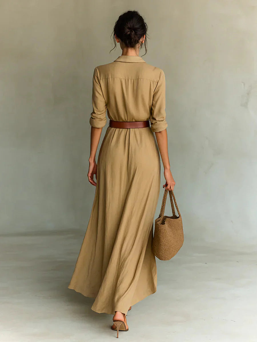 Tailored Lapel Belted Maxi Shirt Dress