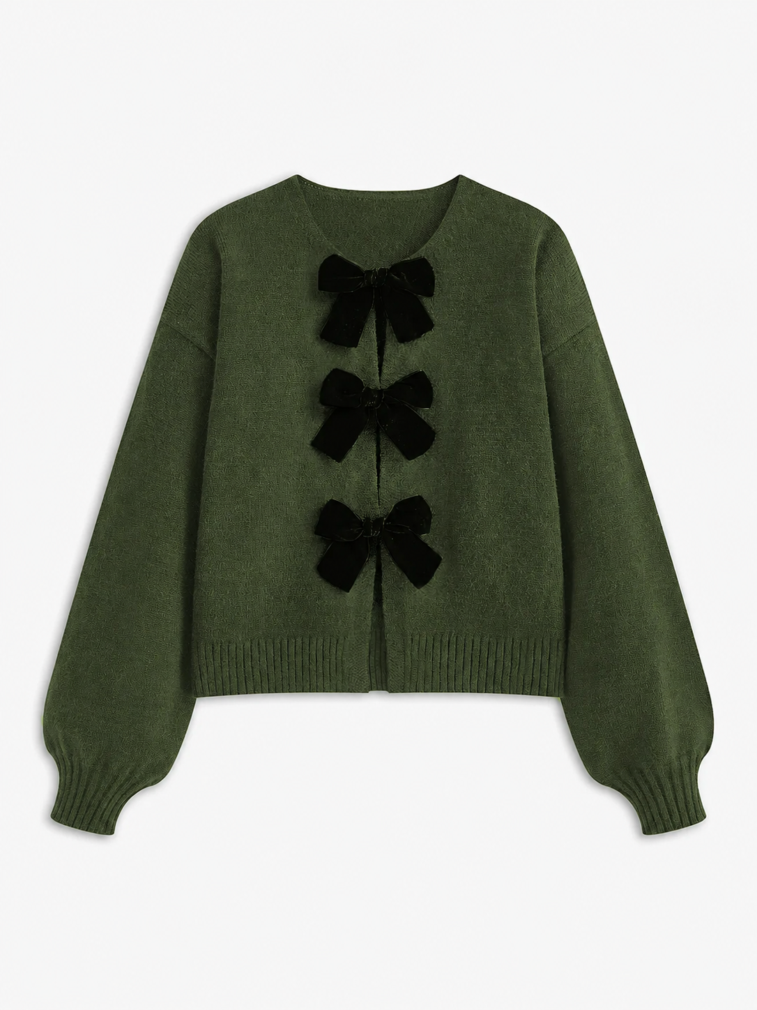 Velvet Bow Puff Sleeve Knit Sweater