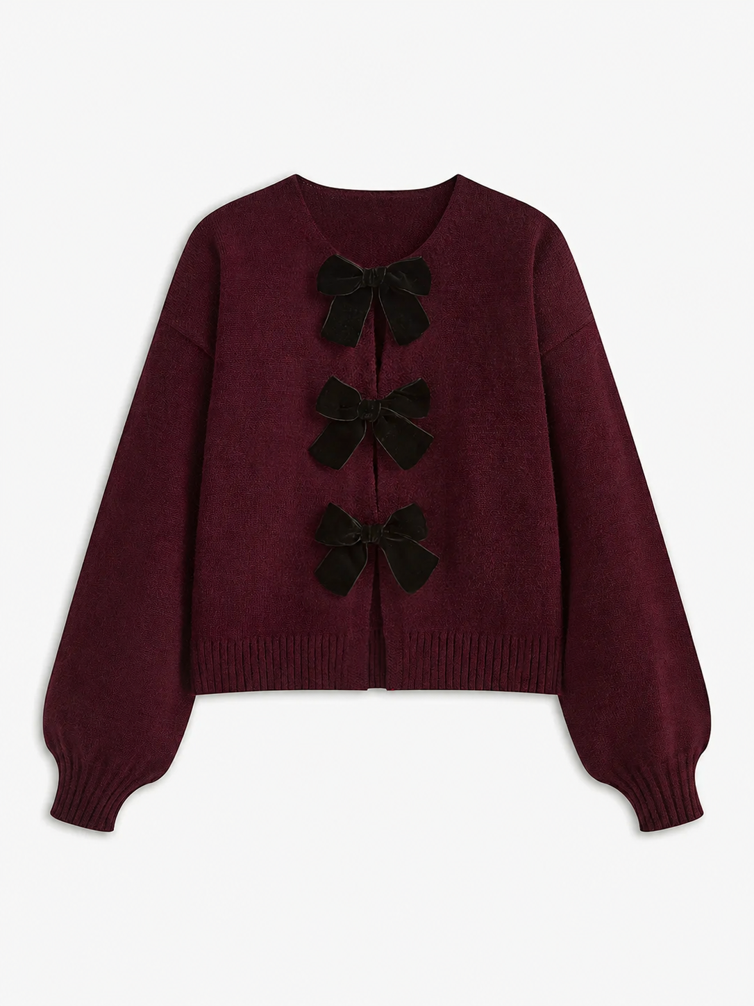 Velvet Bow Puff Sleeve Knit Sweater
