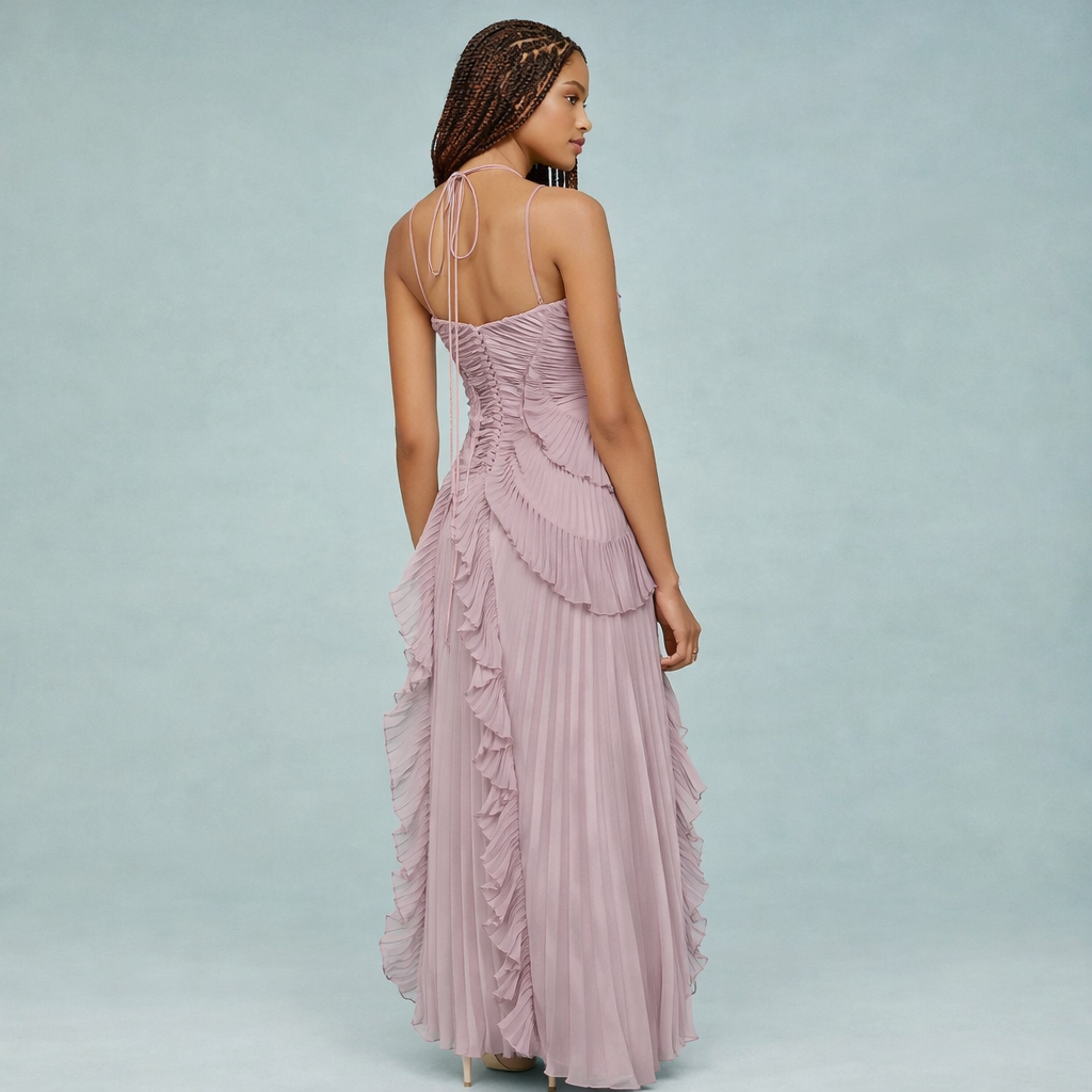 Pleated Halter Ruffle Maxi Dress