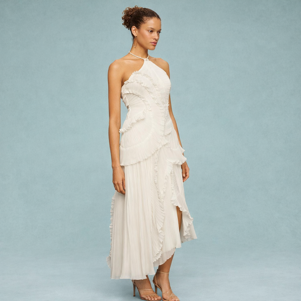 Pleated Halter Ruffle Maxi Dress