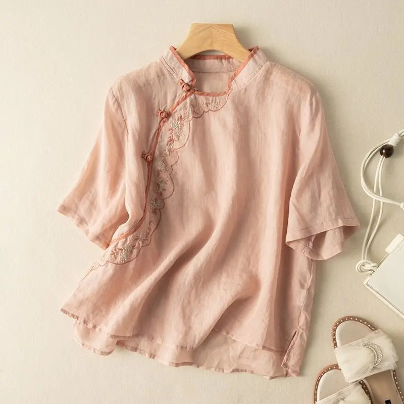 Cropped Cotton-Linen Patch Detail Shirt