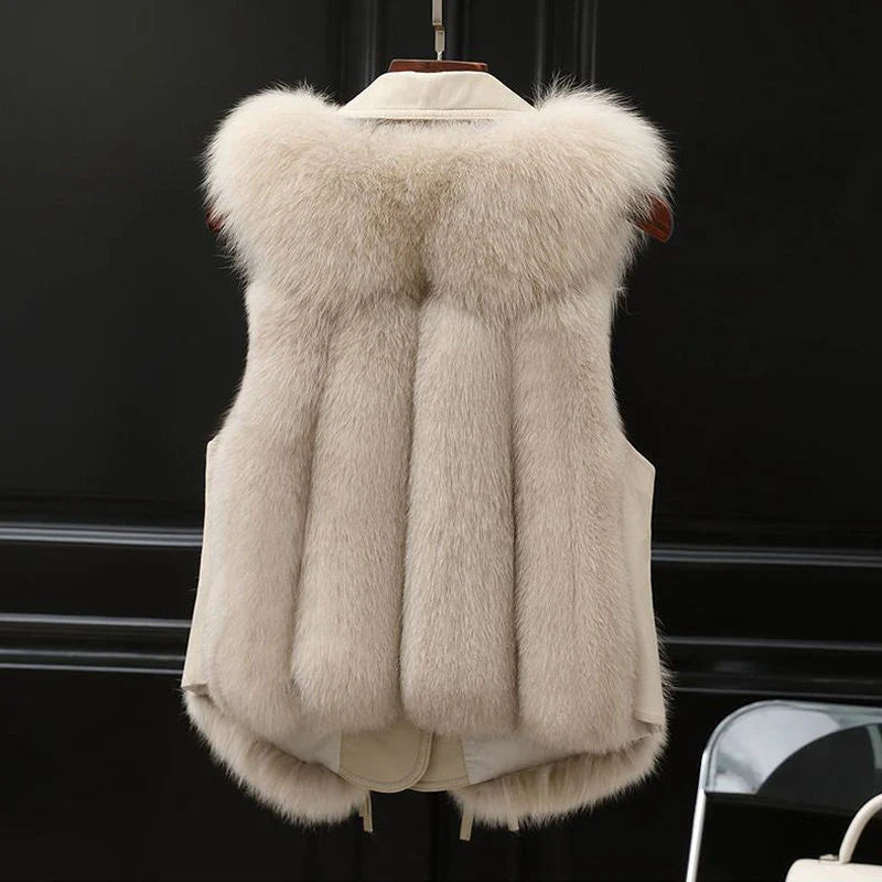 Oversized Faux Fur Trim Leather Detail Vest