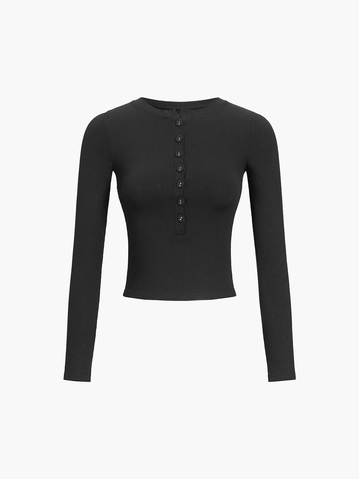 Ribbed Knit Button-Front Cropped Long Sleeve Shirt