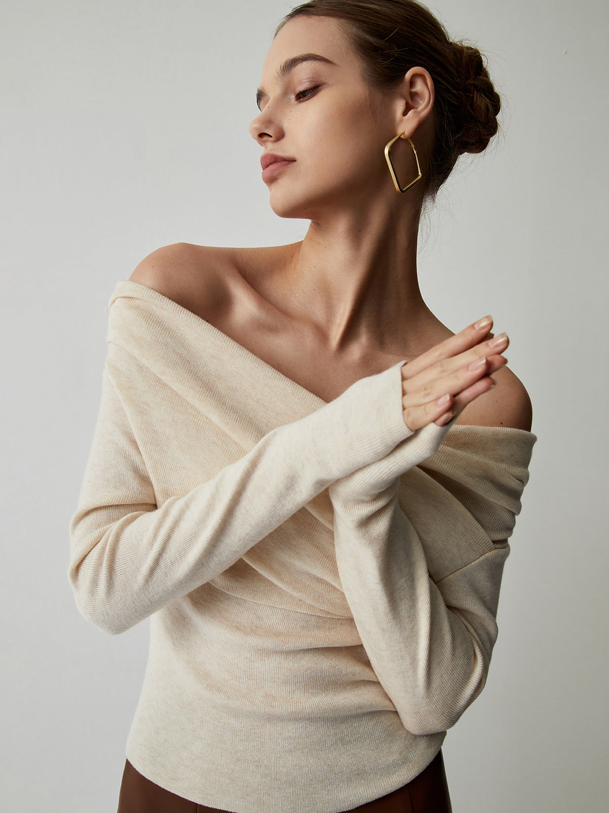 Off-Shoulder Wrap Knit Long Sleeve Top