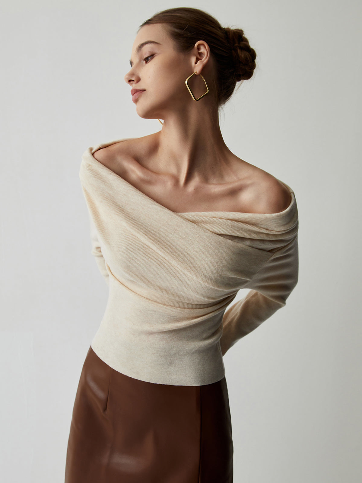 Off-Shoulder Wrap Knit Long Sleeve Top