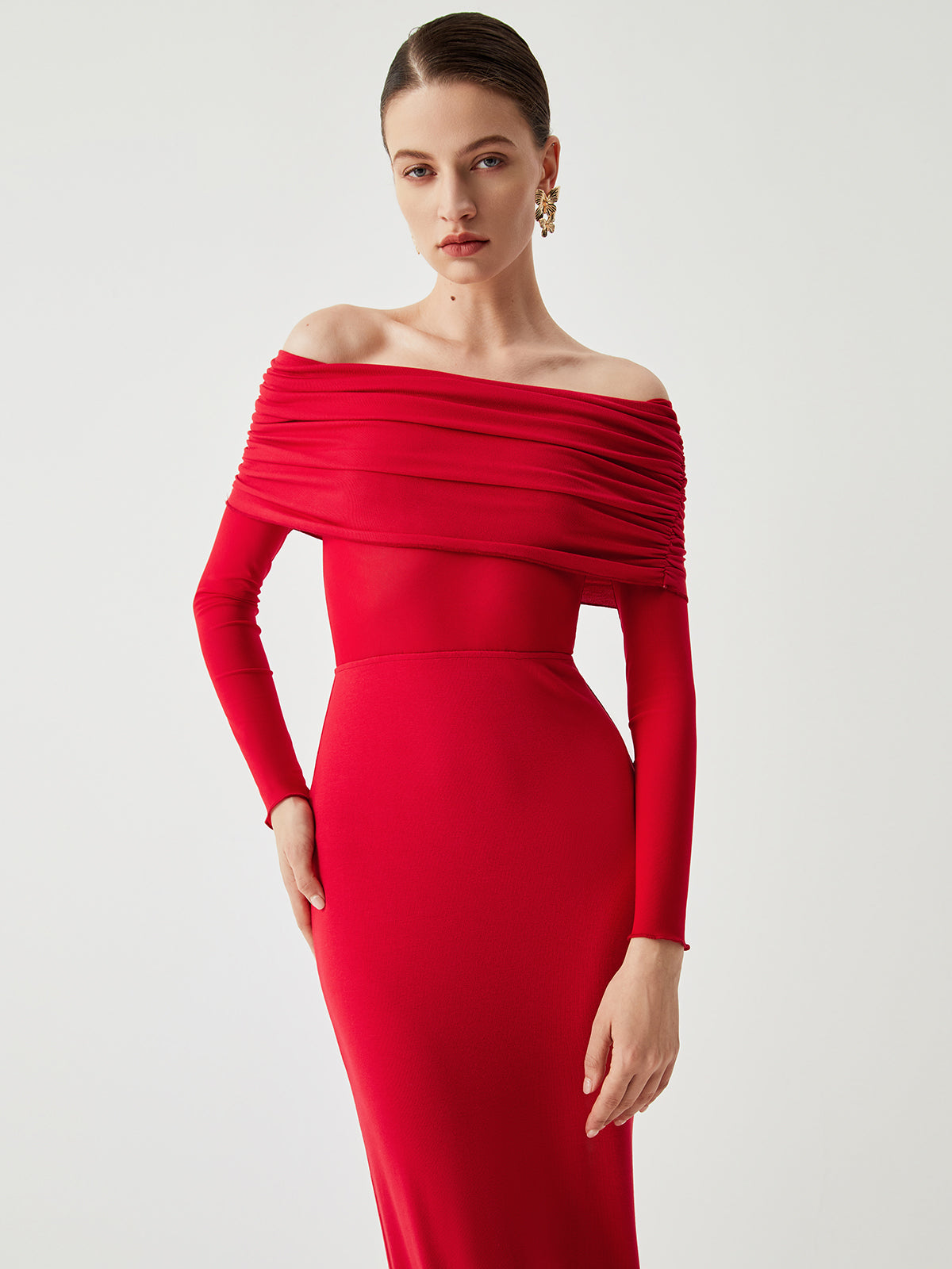 Off-Shoulder Sheer Mesh Maxi Dress