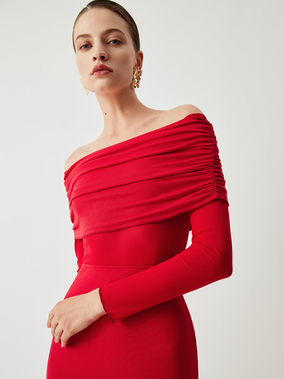 Off-Shoulder Sheer Mesh Maxi Dress