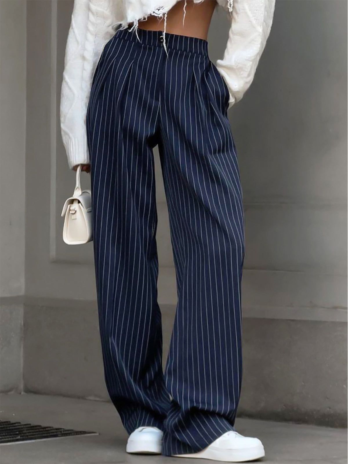 Tailored Pinstripe Pleated Wide-Leg Trousers