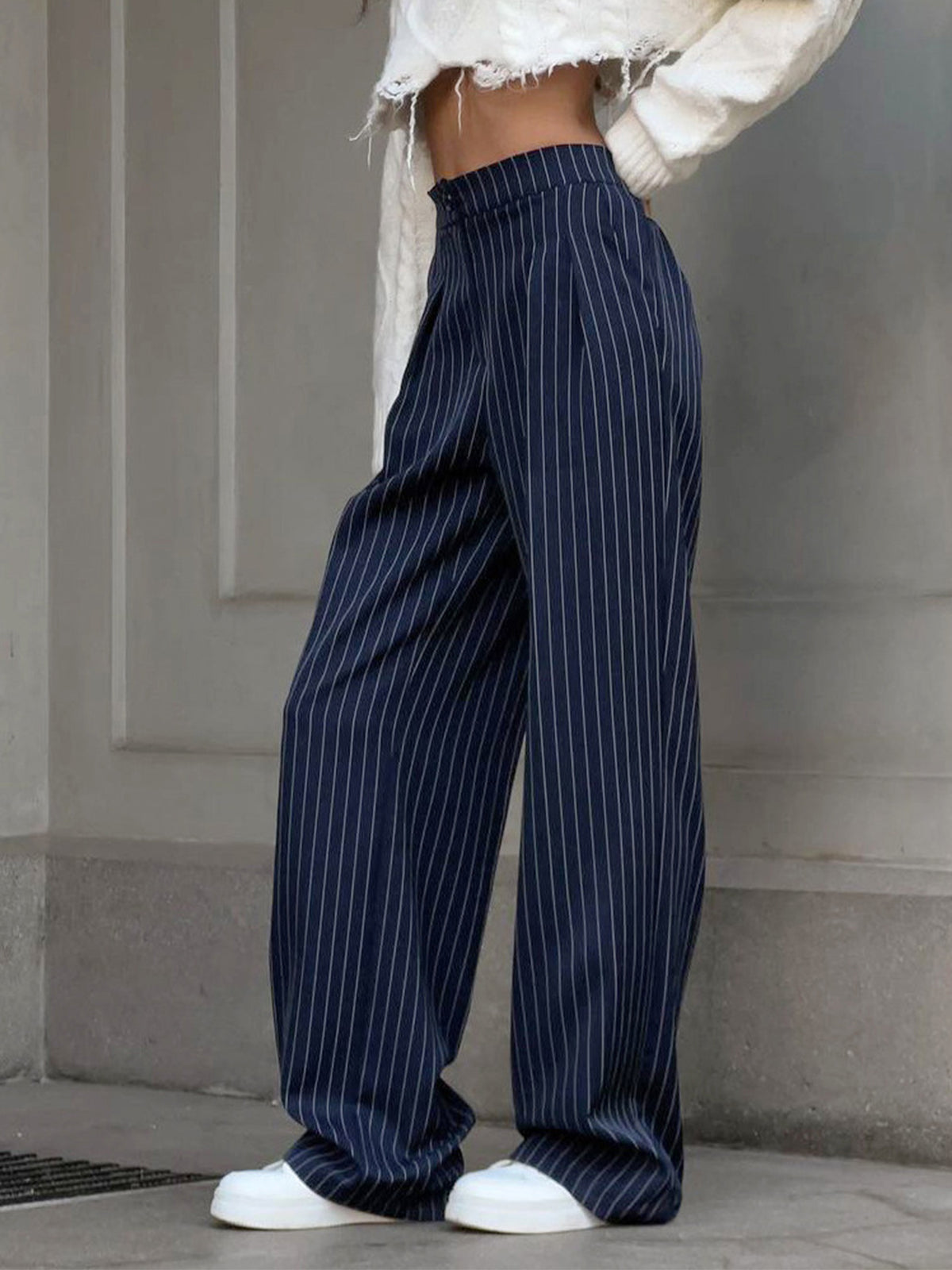 Tailored Pinstripe Pleated Wide-Leg Trousers