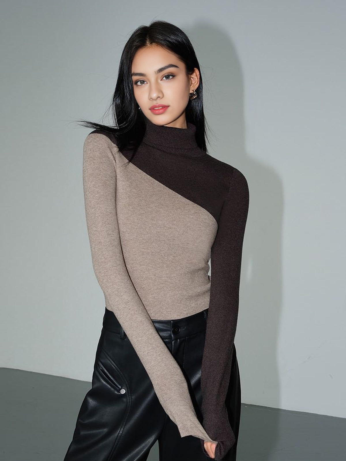 Asymmetric Colorblock Mock Neck Knit Top