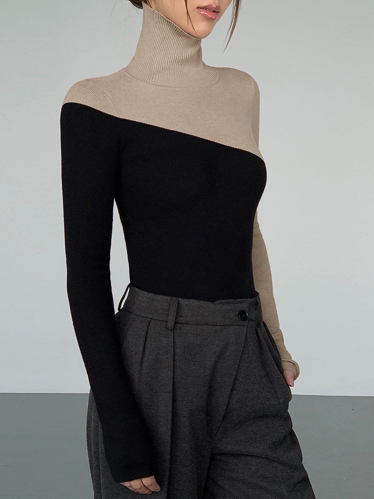 Asymmetric Colorblock Mock Neck Knit Top