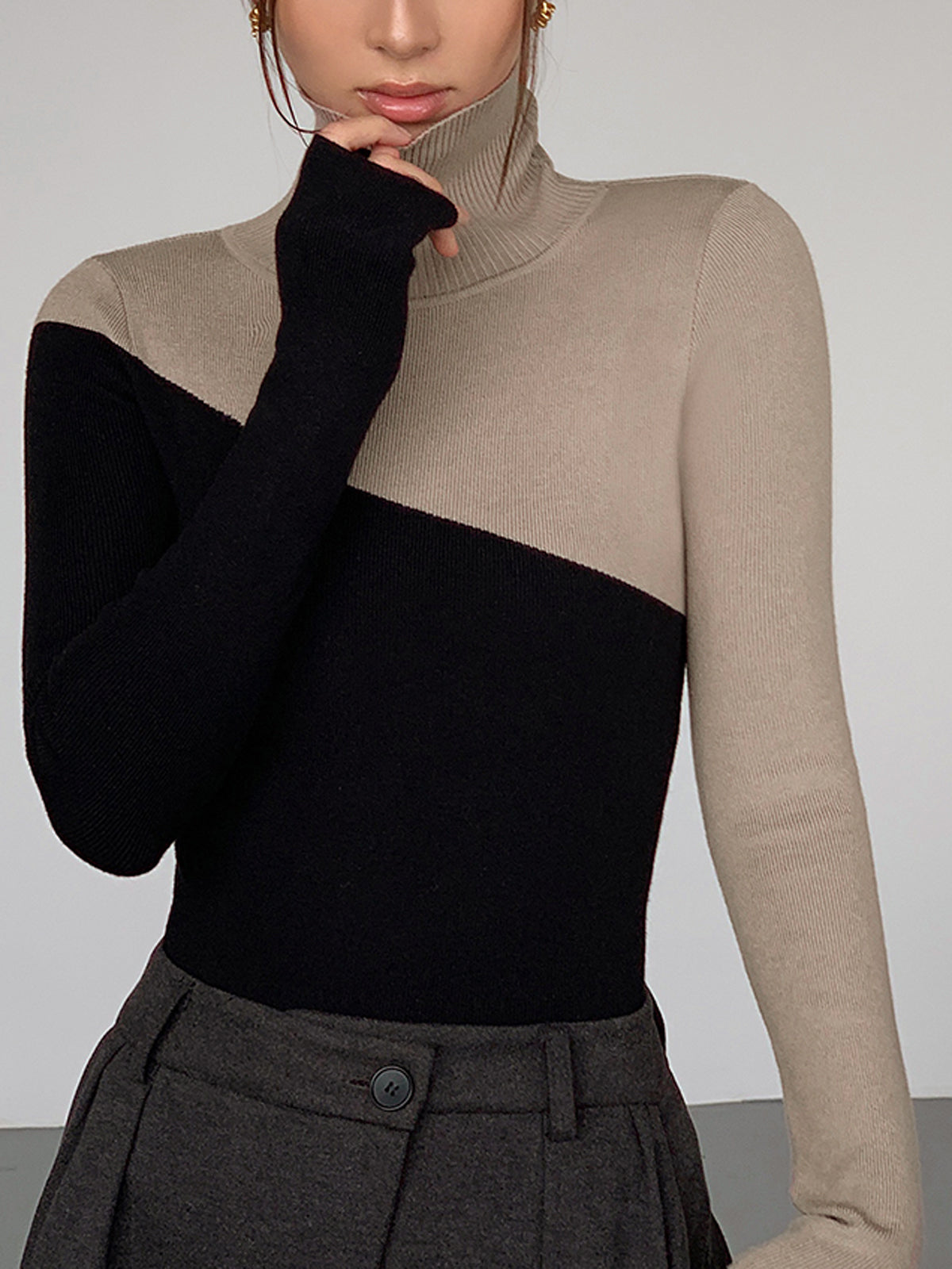 Asymmetric Colorblock Mock Neck Knit Top