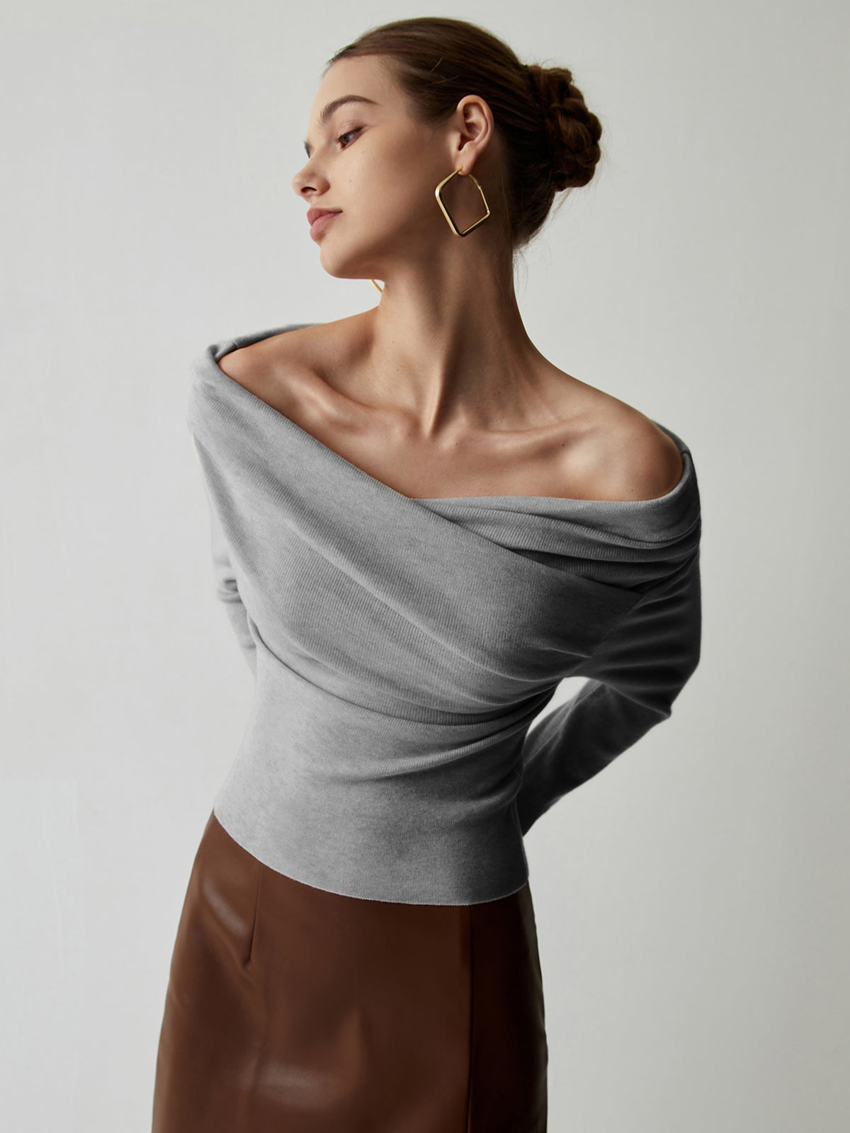 Off-Shoulder Wrap Knit Long Sleeve Top