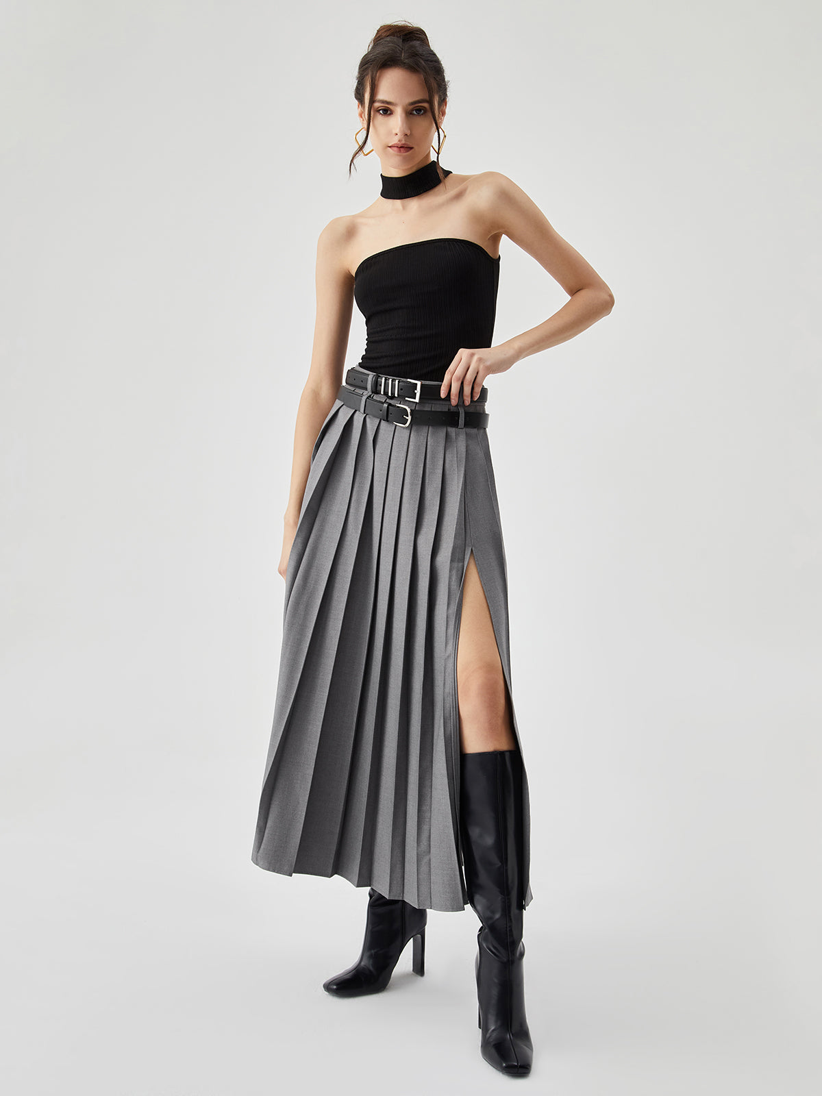 High-Waist Pleated Slit Maxi Skirt