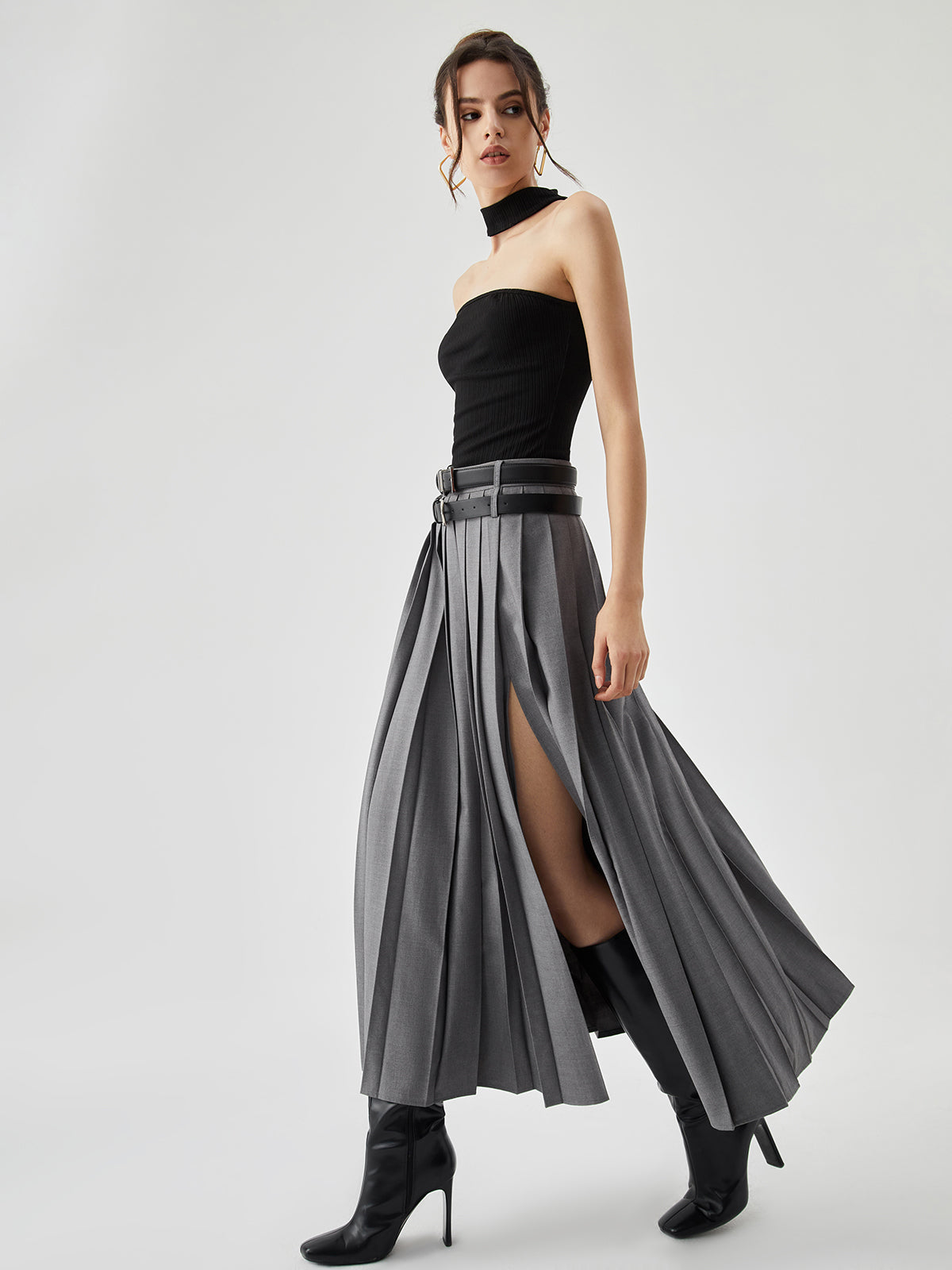 High-Waist Pleated Slit Maxi Skirt
