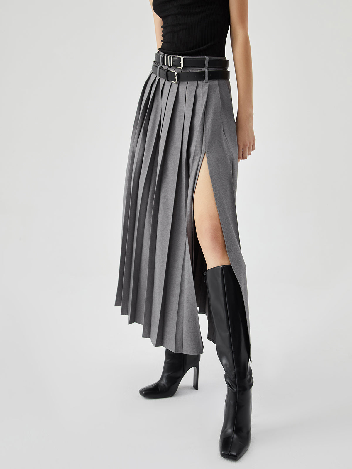 High-Waist Pleated Slit Maxi Skirt